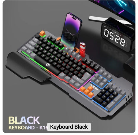 Gaming Keyboard USB Wired Full-Size with Rainbow LED Backlight, Metal Frame, Suspended Keycaps, Wrist Rest