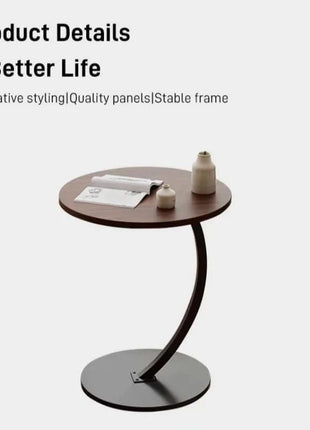 Side Table 40cm Round Wood Top with C-Shaped Carbon Steel Base – Compact 61cm Height