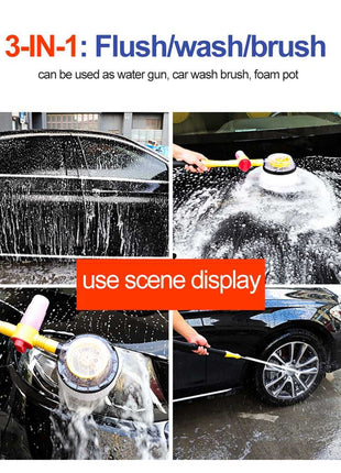 Rotating Car Wash Brush 14cm – ABS 3-in-1 Scrubber with Soap Dispenser – Water-Powered