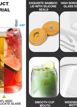 Glass Drinking Cup 500ml Borosilicate with Leakproof Bamboo Lid and Reusable Glass Straw.