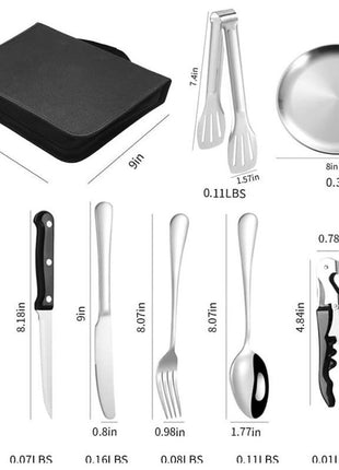 20-Piece Camping Utensil Set – Stainless Steel Outdoor Cooking Cutlery Kit with Plates, Tongs, Opener & Carry Bag