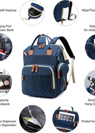 Diaper Bag Backpack 16.5" – Waterproof Oxford Baby Bag with Changing Station, USB Port, 18 Pockets