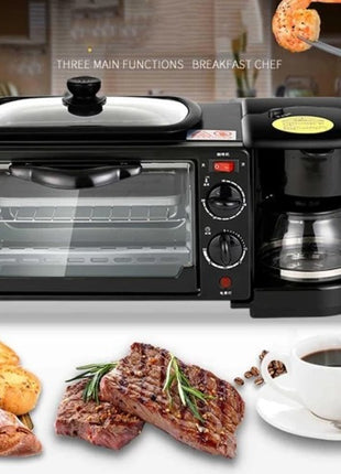 3-in-1 Breakfast Station with Mini Oven, Coffee Maker and Top Griddle, Black Stainless Steel