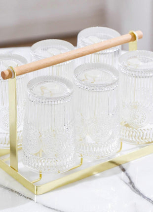 Glass Drying Rack 6-Cup Holder with Wood Handle – Metal Stand for Mugs and Tumblers