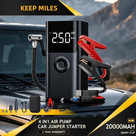 Portable Jump Starter Air Pump, ABS Plastic 12V Emergency Power Bank with Tire Pressure Display and LED Light