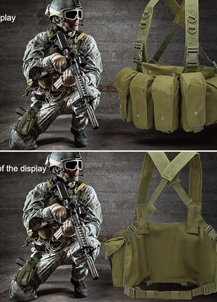 Tactical Chest Rig 600D Oxford Cloth 6‑Magazine Multi‑Pocket Bandolier Vest – Adjustable Shoulder Strap – Green/Khaki/Black