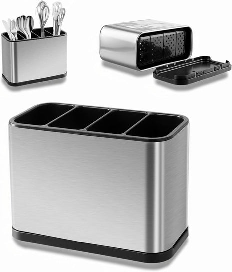 Stainless Steel Cutlery Holder 4-Grid Organizer – Drain Base, ABS Interior, Anti-Slip, Silver