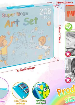 Super Mega Art Set packaging with dimensions and features displayed
