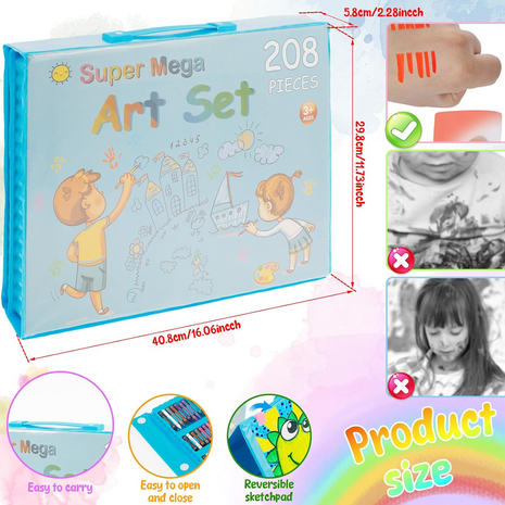 Super Mega Art Set packaging with dimensions and features displayed