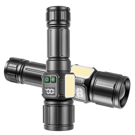 LED Flashlight 3500m Range – 9 Light Modes + Zoom – 3000 mAh Rechargeable Battery – Power Bank – Magnetic Base – Black
