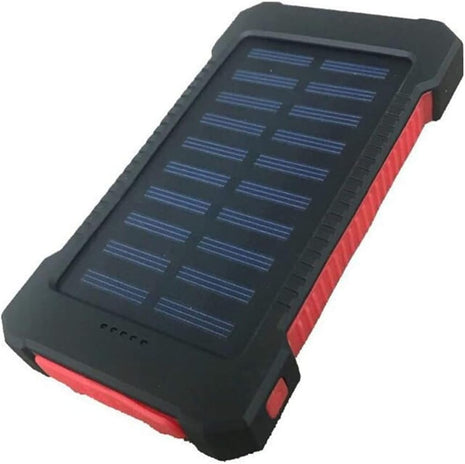 Solar Power Bank 10000mAh – Dual USB Output + LED Flashlight – Waterproof Outdoor Charger Red
