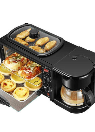 3-in-1 Breakfast Station with Mini Oven, Coffee Maker and Top Griddle, Black Stainless Steel