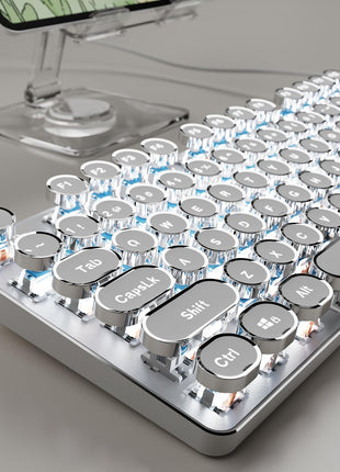 Mechanical Keyboard 87-Key – RGB Backlit Aluminum Keycaps – Blue Switch – Volume Knob – USB Wired – Steampunk Style – Silver