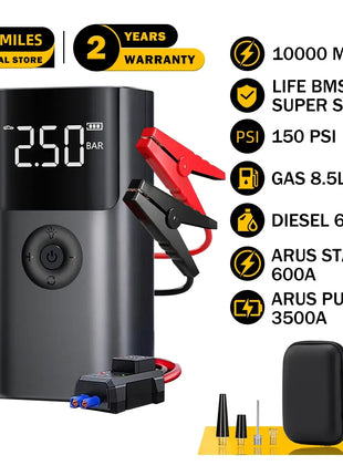 Portable Jump Starter Air Pump, ABS Plastic 12V Emergency Power Bank with Tire Pressure Display and LED Light