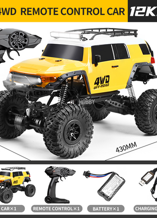 1:10 RC Climbing Car 4WD 15km/h – Electric Off-Road Truck with LED Lights – Plastic Body – Yellow