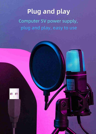 USB Condenser Microphone – 5V Plug & Play – Omnidirectional – Carbon Steel Gooseneck – RGB Lighting – Black