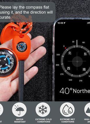 5-in-1 Fire Starter Ferro Rod 11 cm – Magnesium Flint Tool with Compass, Whistle, Scraper – Orange Survival Kit