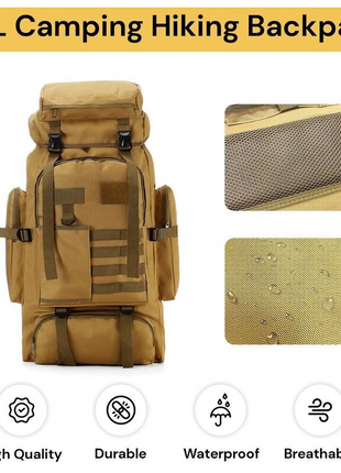 80L Tactical Hiking Backpack – Waterproof 600D Oxford – Khaki