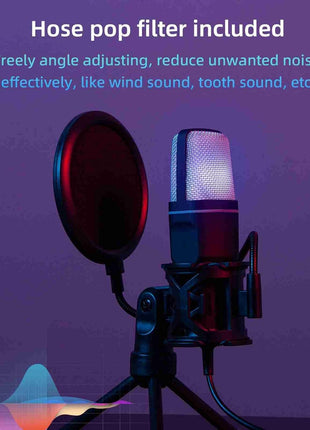 USB Condenser Microphone – 5V Plug & Play – Omnidirectional – Carbon Steel Gooseneck – RGB Lighting – Black