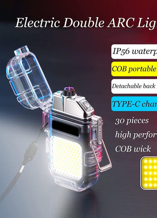 USB Rechargeable Dual Arc Plasma Flashlight Lighter – 2-in-1 Waterproof Windproof LED Light – ABS Plastic