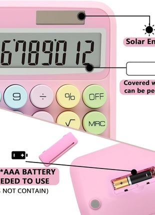 12-Digit Calculator with Pastel Typewriter Keys - ABS Plastic, AA Battery, Blue/White/Pink/Purple