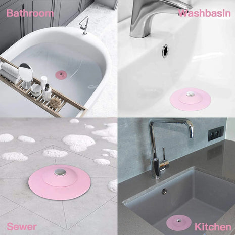 2-in-1 Silicone Sink Drain Stopper & Hair Catcher Universal Bathtub Plug 10cm Leak-Proof Pink