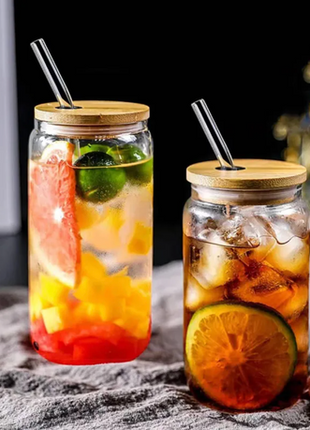 Glass Drinking Cup 500ml Borosilicate with Leakproof Bamboo Lid and Reusable Glass Straw.