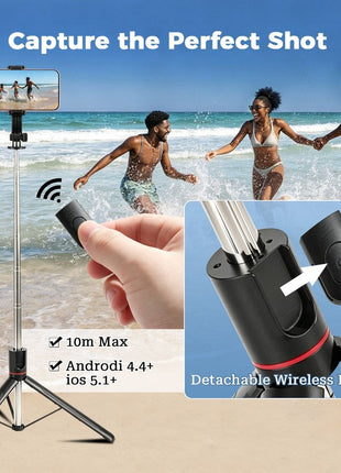 Bluetooth Selfie Stick Tripod with Built-In Remote, Extendable Stainless Steel Phone Stand for Smartphones 4.3–8 cm