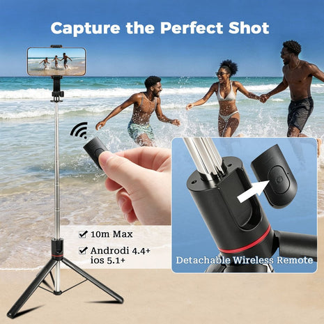 Bluetooth Selfie Stick Tripod with Built-In Remote, Extendable Stainless Steel Phone Stand for Smartphones 4.3–8 cm