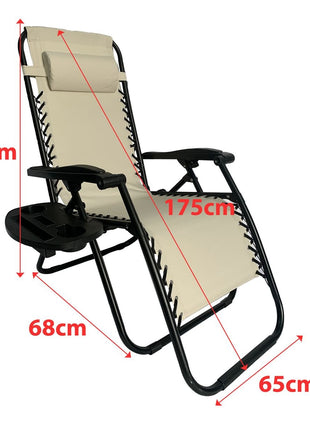 Outdoor Folding Reclining Lounge Chair 110×68×65 cm – Steel/Textilene – Adjustable Headrest & Cup‑Holder Tray – Multiple Colours