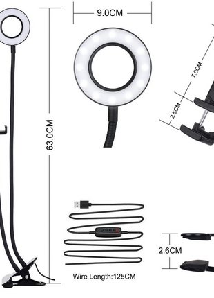 LED Ring Light 9cm – 3 Brightness Modes + Desk Clamp – USB Powered Flexible Gooseneck – Black