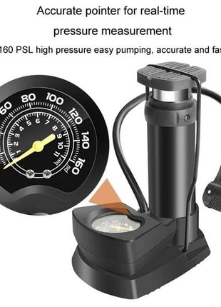 Portable Foot Air Pump 160 PSI High Pressure Aluminum Alloy Barrel with Analog Gauge