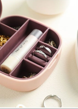 Portable Jewellery Organizer – 7-Compartment Plastic Storage Box with Mirror – Grey or Pink