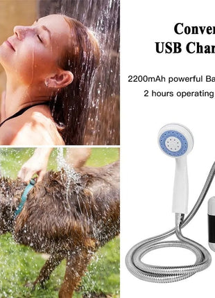 Portable Outdoor Shower 4–5L/min – USB Rechargeable 2200mAh Battery – ABS + 1.5m Hose – Suction & Hook