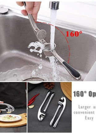 Garlic Press Tool Heavy-Duty Metal – Whole Clove Mincer – Dishwasher Safe – Silver
