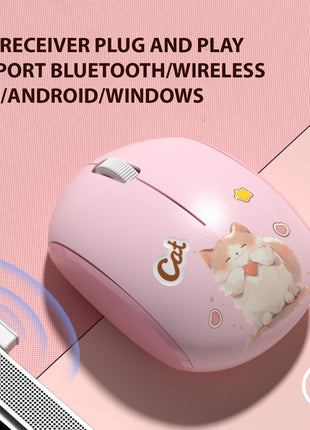 Cat Design Wireless Mouse – Silent Click – Dual USB & Bluetooth