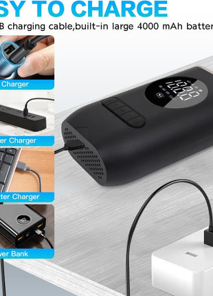Cordless Mini Air Compressor 150 PSI – 4000mAh Rechargeable Tyre Inflator with LED Light, USB-C – Digital Pump for Car, Bike, Ball