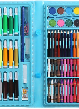 Portable 150-piece art kit with markers, crayons, pastels, paints, and tools in a durable ABS carry case. For ages 6+, available in blue or pink.