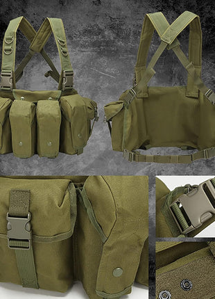 Tactical Chest Rig 600D Oxford Cloth 6‑Magazine Multi‑Pocket Bandolier Vest – Adjustable Shoulder Strap – Green/Khaki/Black
