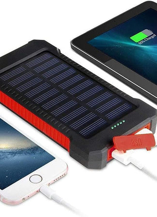 Solar Power Bank 10000mAh – Dual USB Output + LED Flashlight – Waterproof Outdoor Charger Red