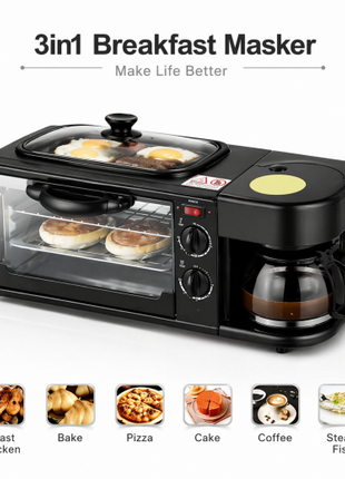 3-in-1 Breakfast Station with Mini Oven, Coffee Maker and Top Griddle, Black Stainless Steel