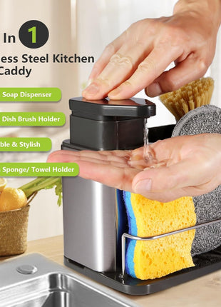 Stainless Steel Soap Dispenser and Sponge Holder – 2-in-1 Sink Organizer with Pump, Drainage Tray & Non-Slip Base – Silver