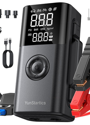 Portable Jump Starter Air Pump, ABS Plastic 12V Emergency Power Bank with Tire Pressure Display and LED Light