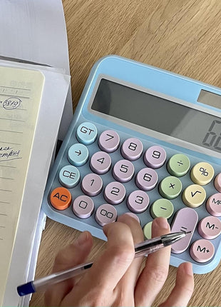 12-Digit Calculator with Pastel Typewriter Keys - ABS Plastic, AA Battery, Blue/White/Pink/Purple