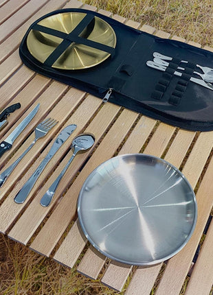 10 Piece Camping Picnic Cutlery & Tableware Set 10‑Piece – Stainless Finish & Carry Bag