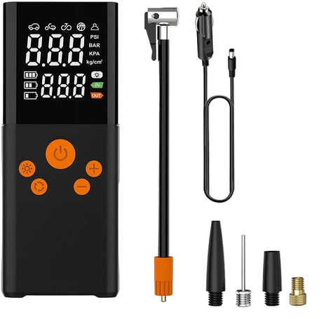 Digital Tyre Inflator Pump 150 PSI – 12V Powered – Multi-Nozzle Kit – LED – Black