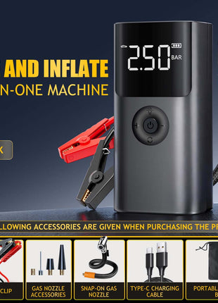 Portable Jump Starter Air Pump, ABS Plastic 12V Emergency Power Bank with Tire Pressure Display and LED Light