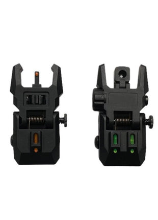Folding Front & Rear Backup Sights Set – 20mm Rail Mount – Flip-Up Polymer Airsoft Sights – Dual Fiber Optic – Black
