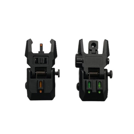 Folding Front & Rear Backup Sights Set – 20mm Rail Mount – Flip-Up Polymer Airsoft Sights – Dual Fiber Optic – Black