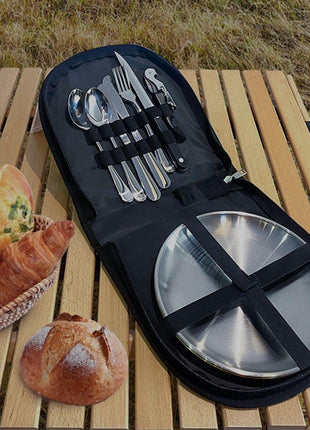10 Piece Camping Picnic Cutlery & Tableware Set 10‑Piece – Stainless Finish & Carry Bag